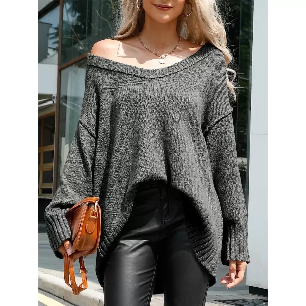 imageANRABESS Womens Casual Long Sleeve V Neck Off Shoulder Loose Baggy Comfy Knit Pullover Sweaters TunicDark Gray