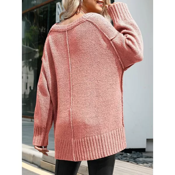 imageANRABESS Womens Casual Long Sleeve V Neck Off Shoulder Loose Baggy Comfy Knit Pullover Sweaters TunicPink