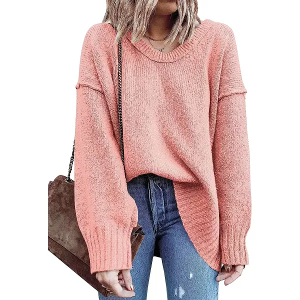 imageANRABESS Womens Casual Long Sleeve V Neck Off Shoulder Loose Baggy Comfy Knit Pullover Sweaters TunicPink