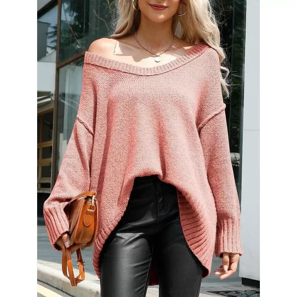 imageANRABESS Womens Casual Long Sleeve V Neck Off Shoulder Loose Baggy Comfy Knit Pullover Sweaters TunicPink