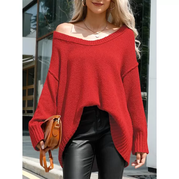 imageANRABESS Womens Casual Long Sleeve V Neck Off Shoulder Loose Baggy Comfy Knit Pullover Sweaters TunicRed