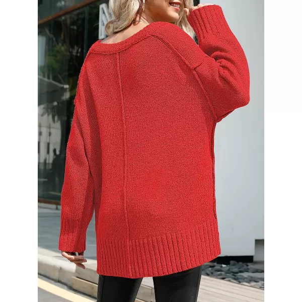 imageANRABESS Womens Casual Long Sleeve V Neck Off Shoulder Loose Baggy Comfy Knit Pullover Sweaters TunicRed