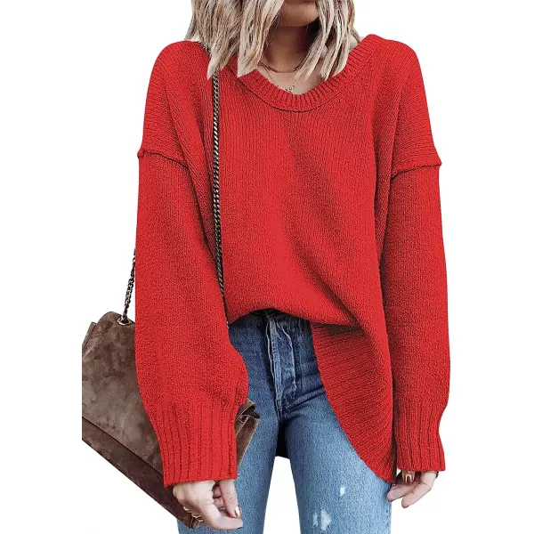 imageANRABESS Womens Casual Long Sleeve V Neck Off Shoulder Loose Baggy Comfy Knit Pullover Sweaters TunicRed