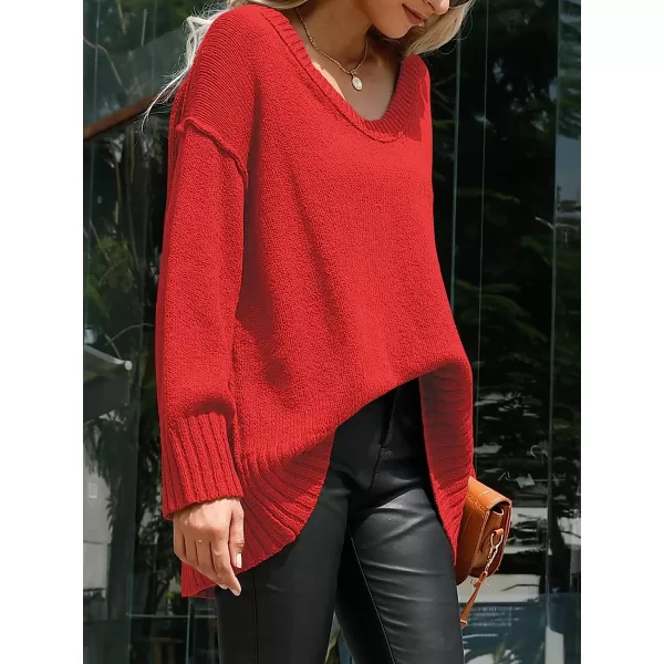 imageANRABESS Womens Casual Long Sleeve V Neck Off Shoulder Loose Baggy Comfy Knit Pullover Sweaters TunicRed