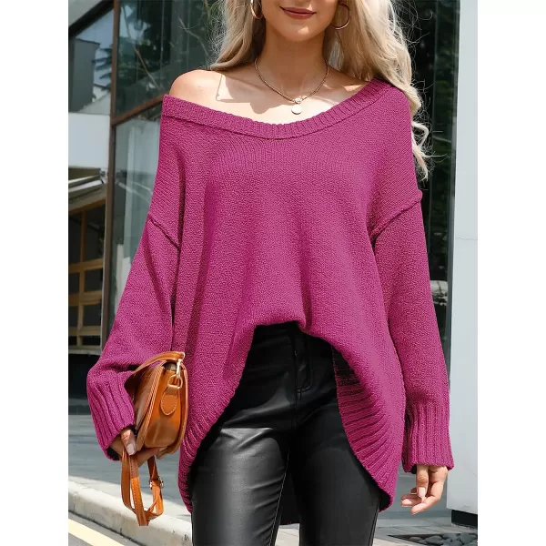 imageANRABESS Womens Casual Long Sleeve V Neck Off Shoulder Loose Baggy Comfy Knit Pullover Sweaters TunicRose