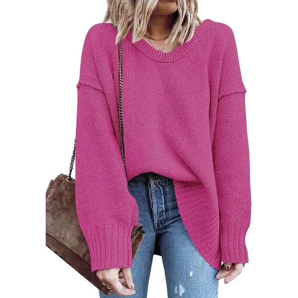 imageANRABESS Womens Casual Long Sleeve V Neck Off Shoulder Loose Baggy Comfy Knit Pullover Sweaters TunicRose