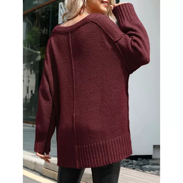 imageANRABESS Womens Casual Long Sleeve V Neck Off Shoulder Loose Baggy Comfy Knit Pullover Sweaters TunicWine Red