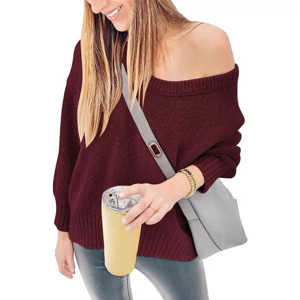 imageANRABESS Womens Casual Long Sleeve V Neck Off Shoulder Loose Baggy Comfy Knit Pullover Sweaters TunicWine Red