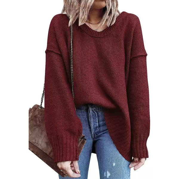 imageANRABESS Womens Casual Long Sleeve V Neck Off Shoulder Loose Baggy Comfy Knit Pullover Sweaters TunicWine Red