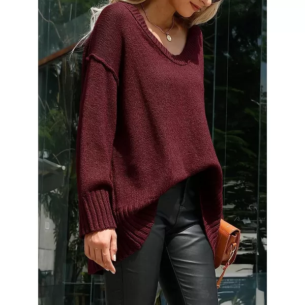 imageANRABESS Womens Casual Long Sleeve V Neck Off Shoulder Loose Baggy Comfy Knit Pullover Sweaters TunicWine Red