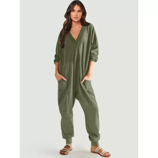 imageANRABESS Womens Casual Loose Jumpsuits Long Sleeve V Neck Oversized Rompers Baggy Overalls Lounge Pajamas Onesie JumperArmy Green