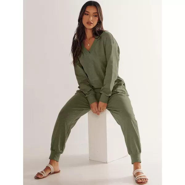 imageANRABESS Womens Casual Loose Jumpsuits Long Sleeve V Neck Oversized Rompers Baggy Overalls Lounge Pajamas Onesie JumperArmy Green