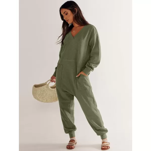 imageANRABESS Womens Casual Loose Jumpsuits Long Sleeve V Neck Oversized Rompers Baggy Overalls Lounge Pajamas Onesie JumperArmy Green