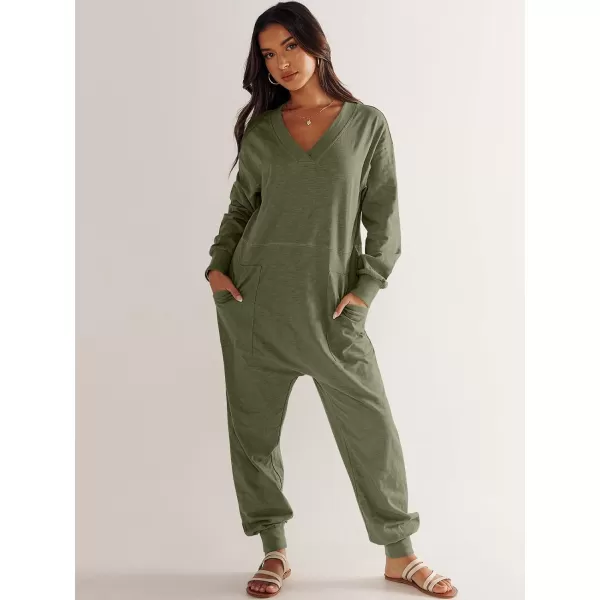 imageANRABESS Womens Casual Loose Jumpsuits Long Sleeve V Neck Oversized Rompers Baggy Overalls Lounge Pajamas Onesie JumperArmy Green