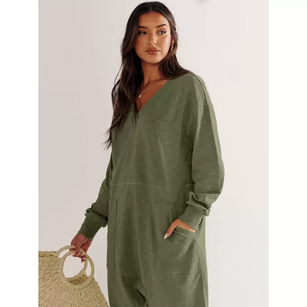 imageANRABESS Womens Casual Loose Jumpsuits Long Sleeve V Neck Oversized Rompers Baggy Overalls Lounge Pajamas Onesie JumperArmy Green