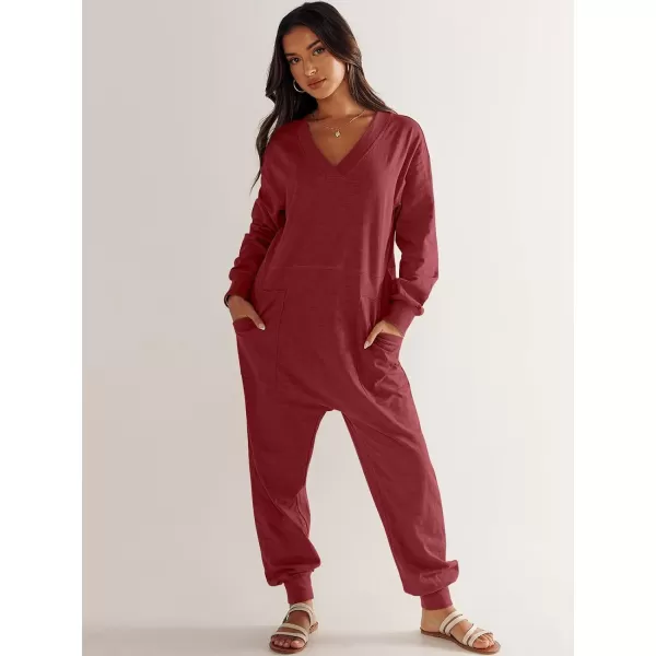 imageANRABESS Womens Casual Loose Jumpsuits Long Sleeve V Neck Oversized Rompers Baggy Overalls Lounge Pajamas Onesie JumperBurgundy