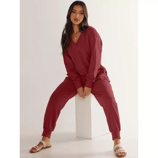 imageANRABESS Womens Casual Loose Jumpsuits Long Sleeve V Neck Oversized Rompers Baggy Overalls Lounge Pajamas Onesie JumperBurgundy