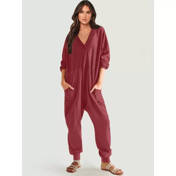 imageANRABESS Womens Casual Loose Jumpsuits Long Sleeve V Neck Oversized Rompers Baggy Overalls Lounge Pajamas Onesie JumperBurgundy