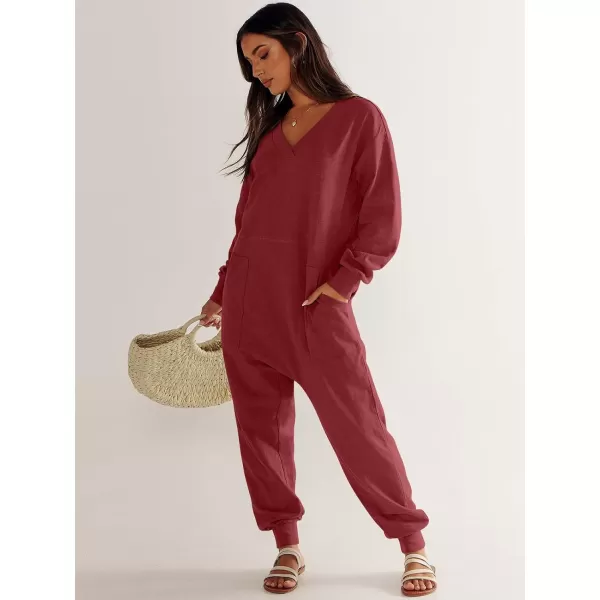 imageANRABESS Womens Casual Loose Jumpsuits Long Sleeve V Neck Oversized Rompers Baggy Overalls Lounge Pajamas Onesie JumperBurgundy