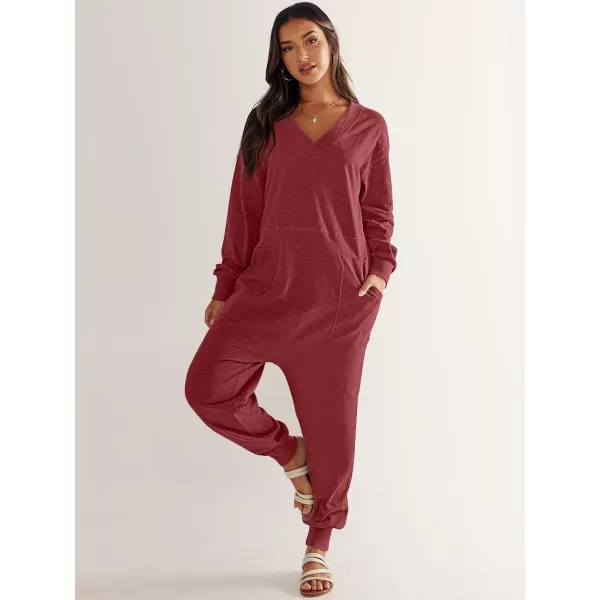 imageANRABESS Womens Casual Loose Jumpsuits Long Sleeve V Neck Oversized Rompers Baggy Overalls Lounge Pajamas Onesie JumperBurgundy
