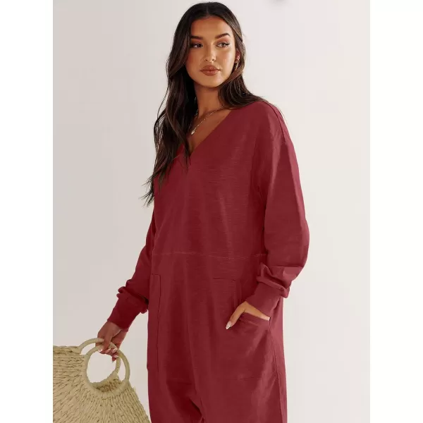 imageANRABESS Womens Casual Loose Jumpsuits Long Sleeve V Neck Oversized Rompers Baggy Overalls Lounge Pajamas Onesie JumperBurgundy