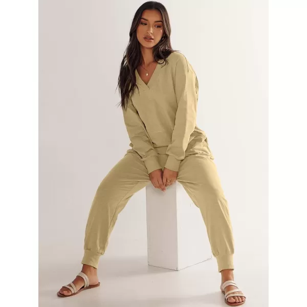 imageANRABESS Womens Casual Loose Jumpsuits Long Sleeve V Neck Oversized Rompers Baggy Overalls Lounge Pajamas Onesie JumperKhaki