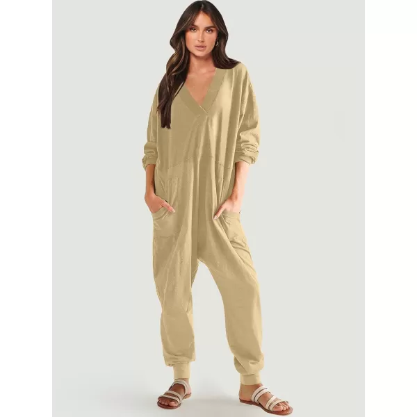 imageANRABESS Womens Casual Loose Jumpsuits Long Sleeve V Neck Oversized Rompers Baggy Overalls Lounge Pajamas Onesie JumperKhaki
