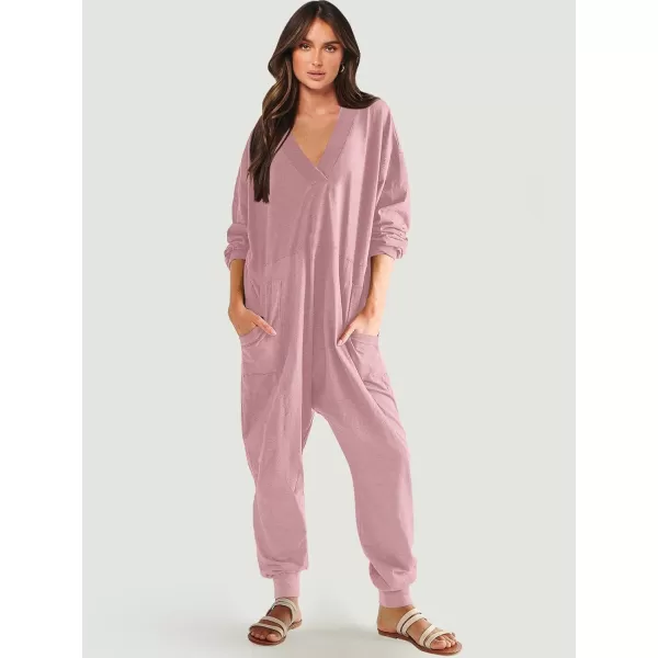 imageANRABESS Womens Casual Loose Jumpsuits Long Sleeve V Neck Oversized Rompers Baggy Overalls Lounge Pajamas Onesie JumperPink
