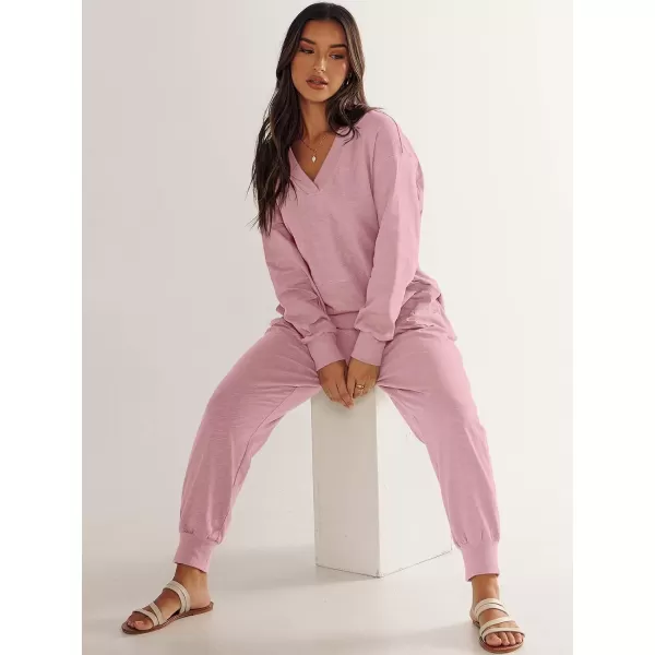 imageANRABESS Womens Casual Loose Jumpsuits Long Sleeve V Neck Oversized Rompers Baggy Overalls Lounge Pajamas Onesie JumperPink