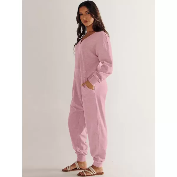 imageANRABESS Womens Casual Loose Jumpsuits Long Sleeve V Neck Oversized Rompers Baggy Overalls Lounge Pajamas Onesie JumperPink