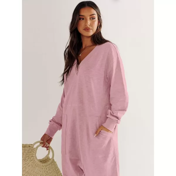 imageANRABESS Womens Casual Loose Jumpsuits Long Sleeve V Neck Oversized Rompers Baggy Overalls Lounge Pajamas Onesie JumperPink