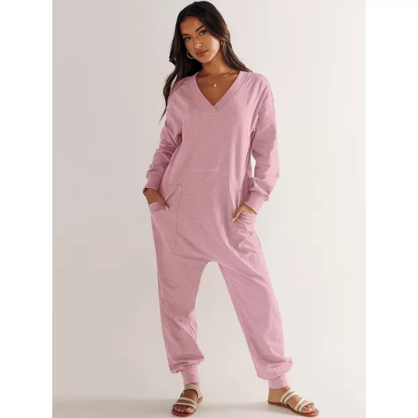 imageANRABESS Womens Casual Loose Jumpsuits Long Sleeve V Neck Oversized Rompers Baggy Overalls Lounge Pajamas Onesie JumperPink
