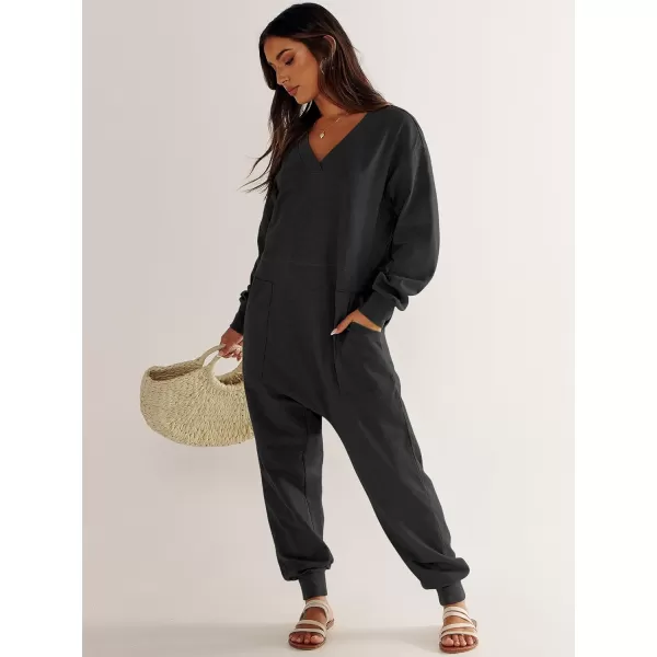 imageANRABESS Womens Casual Loose Jumpsuits Long Sleeve V Neck Rompers Baggy Overalls Lounge Pajamas Onesie Jumpers with PocketBlack