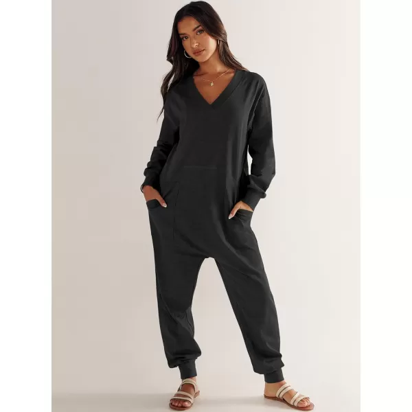 imageANRABESS Womens Casual Loose Jumpsuits Long Sleeve V Neck Rompers Baggy Overalls Lounge Pajamas Onesie Jumpers with PocketBlack