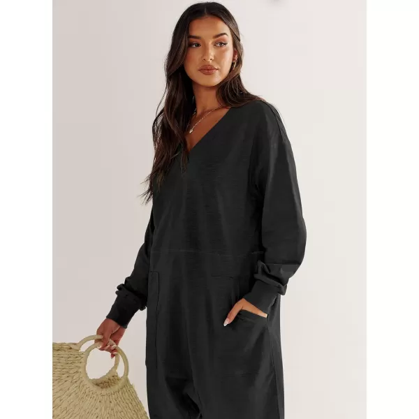 imageANRABESS Womens Casual Loose Jumpsuits Long Sleeve V Neck Rompers Baggy Overalls Lounge Pajamas Onesie Jumpers with PocketBlack