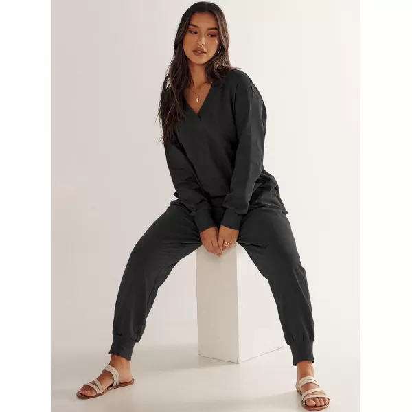 imageANRABESS Womens Casual Loose Jumpsuits Long Sleeve V Neck Rompers Baggy Overalls Lounge Pajamas Onesie Jumpers with PocketBlack