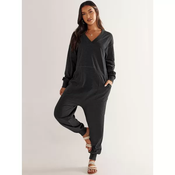 imageANRABESS Womens Casual Loose Jumpsuits Long Sleeve V Neck Rompers Baggy Overalls Lounge Pajamas Onesie Jumpers with PocketBlack
