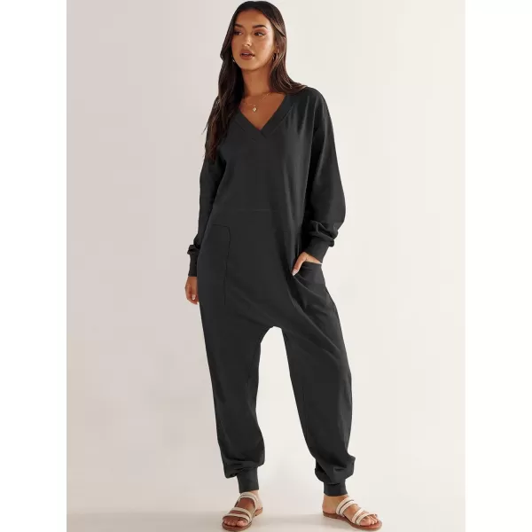 imageANRABESS Womens Casual Loose Jumpsuits Long Sleeve V Neck Rompers Baggy Overalls Lounge Pajamas Onesie Jumpers with PocketBlack