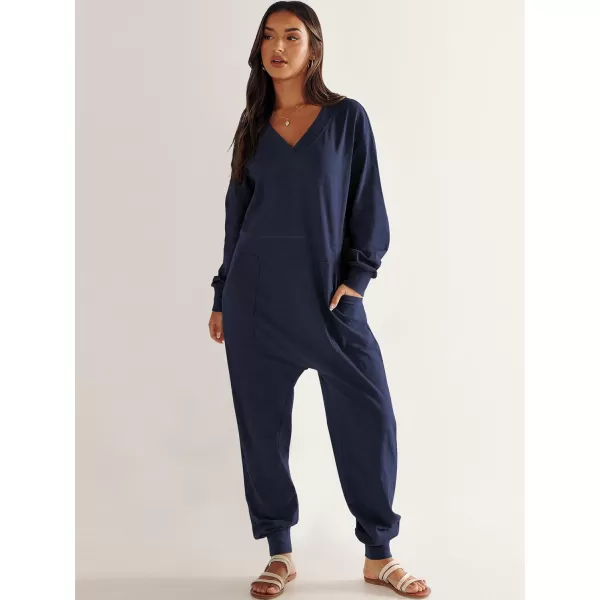 imageANRABESS Womens Casual Loose Jumpsuits Long Sleeve V Neck Rompers Baggy Overalls Lounge Pajamas Onesie Jumpers with PocketNavy Blue