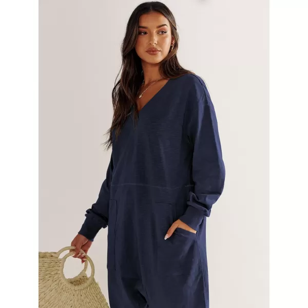 imageANRABESS Womens Casual Loose Jumpsuits Long Sleeve V Neck Rompers Baggy Overalls Lounge Pajamas Onesie Jumpers with PocketNavy Blue