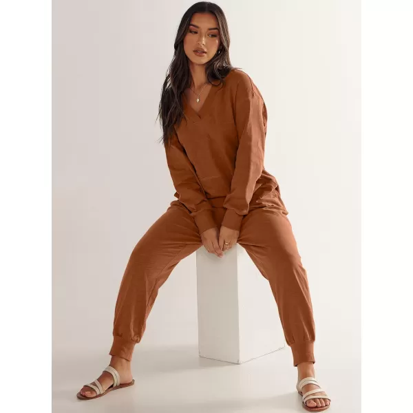 imageANRABESS Womens Casual Loose Jumpsuits Long Sleeve V Neck Rompers Baggy Overalls Lounge Pajamas Onesie Jumpers with PocketRust
