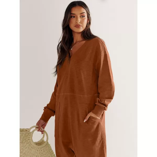 imageANRABESS Womens Casual Loose Jumpsuits Long Sleeve V Neck Rompers Baggy Overalls Lounge Pajamas Onesie Jumpers with PocketRust