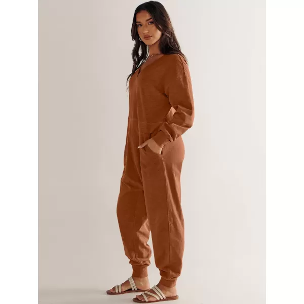 imageANRABESS Womens Casual Loose Jumpsuits Long Sleeve V Neck Rompers Baggy Overalls Lounge Pajamas Onesie Jumpers with PocketRust