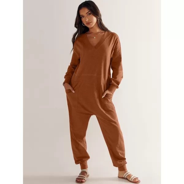 imageANRABESS Womens Casual Loose Jumpsuits Long Sleeve V Neck Rompers Baggy Overalls Lounge Pajamas Onesie Jumpers with PocketRust
