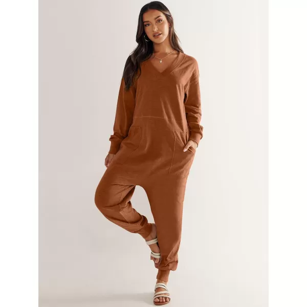 imageANRABESS Womens Casual Loose Jumpsuits Long Sleeve V Neck Rompers Baggy Overalls Lounge Pajamas Onesie Jumpers with PocketRust