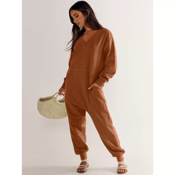 imageANRABESS Womens Casual Loose Jumpsuits Long Sleeve V Neck Rompers Baggy Overalls Lounge Pajamas Onesie Jumpers with PocketRust