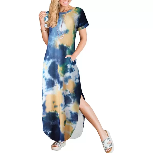 imageANRABESS Womens Casual Loose Short Sleeve Long Dress Split Maxi Summer Beach Dress with Pockets03 Tie Dye Orange