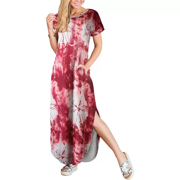 imageANRABESS Womens Casual Loose Short Sleeve Long Dress Split Maxi Summer Beach Dress with Pockets03 Tie Ye Red 2