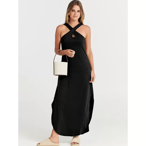 imageANRABESS Womens Casual Loose Sleeveless Beach Dress Criss Cross Slit Side Summer Maxi Sun DressesBlack