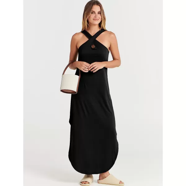 imageANRABESS Womens Casual Loose Sleeveless Beach Dress Criss Cross Slit Side Summer Maxi Sun DressesBlack
